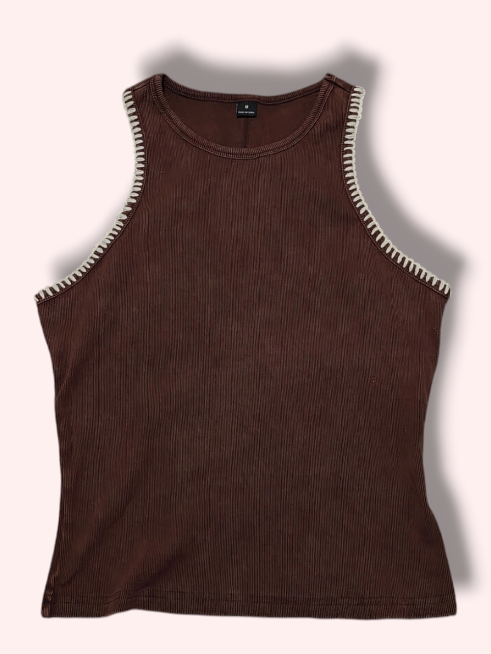 SHEIN Brown Ribbed Tank with Cream Whipstitch Trim